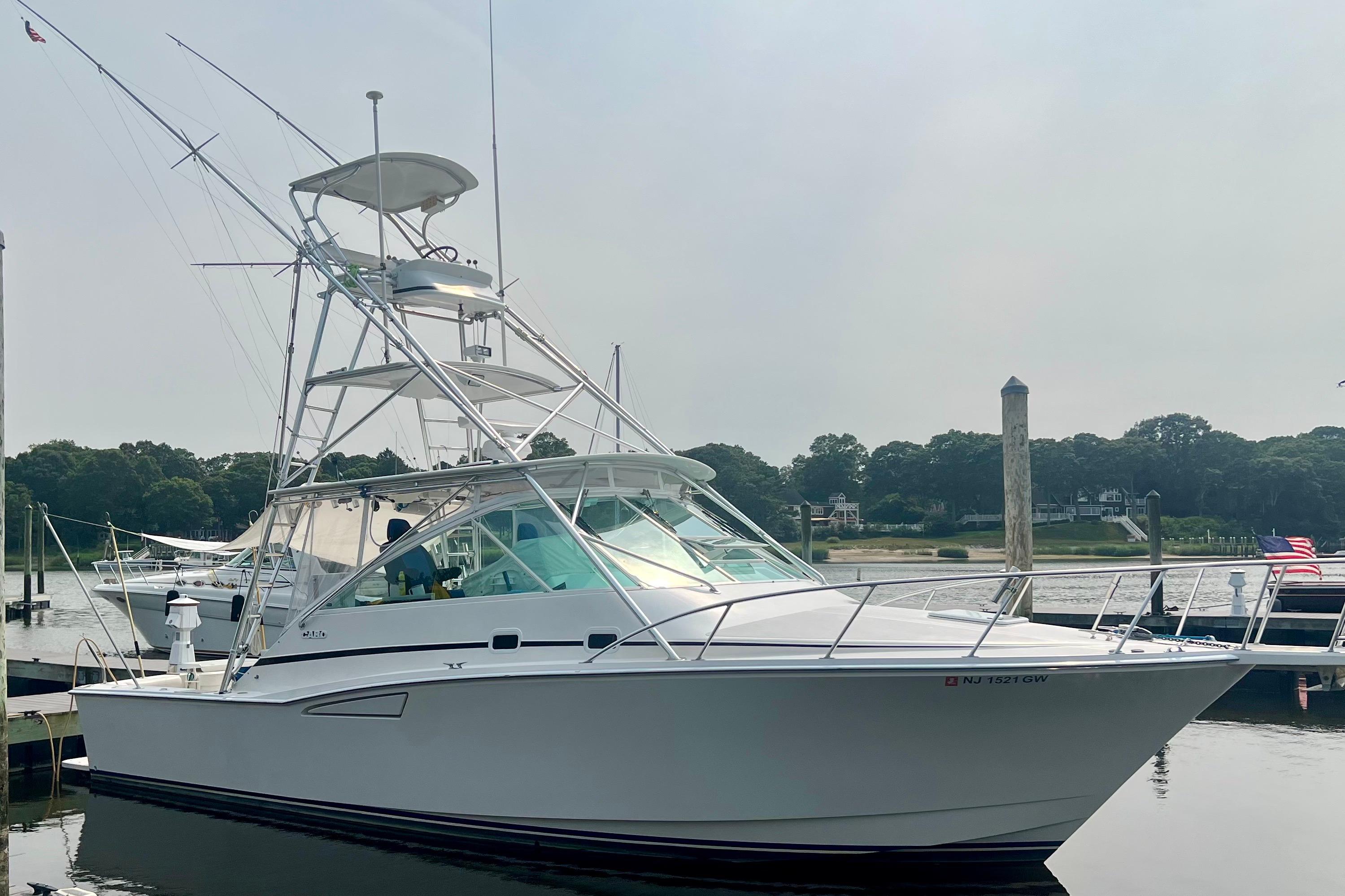 A sportfish boat moored on a calm morning